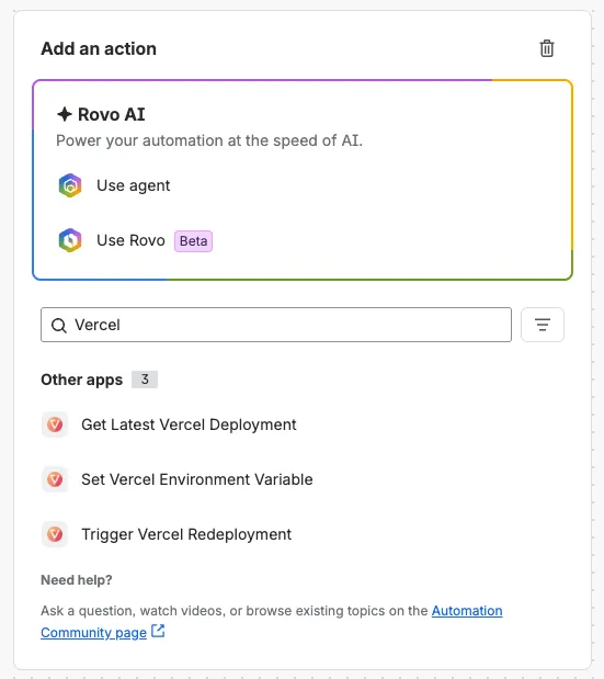Selecting a Vercel action in the Jira Automation rule builder
