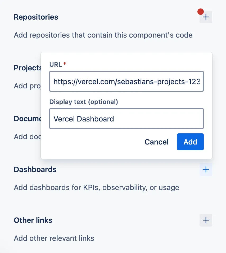 Adding a Vercel project URL as a link in the Compass component sidebar