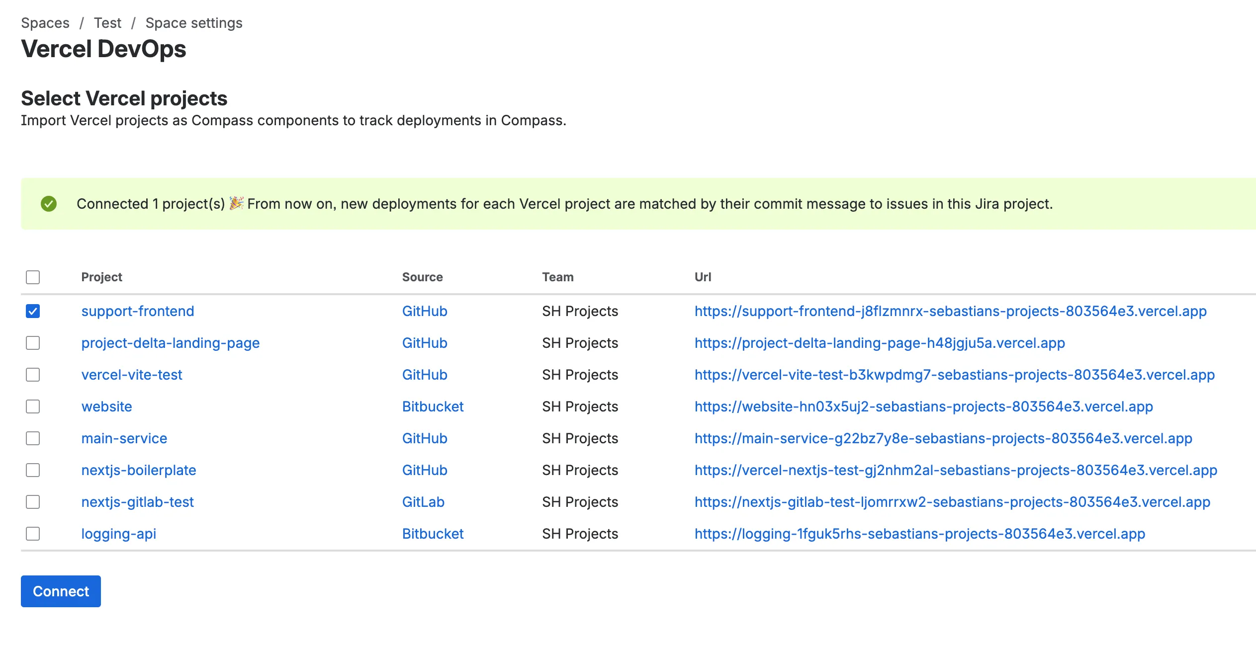 Successfully connected Vercel projects