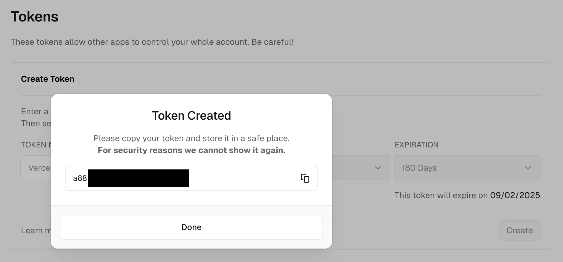 Dialog showing the newly created API token ready to copy