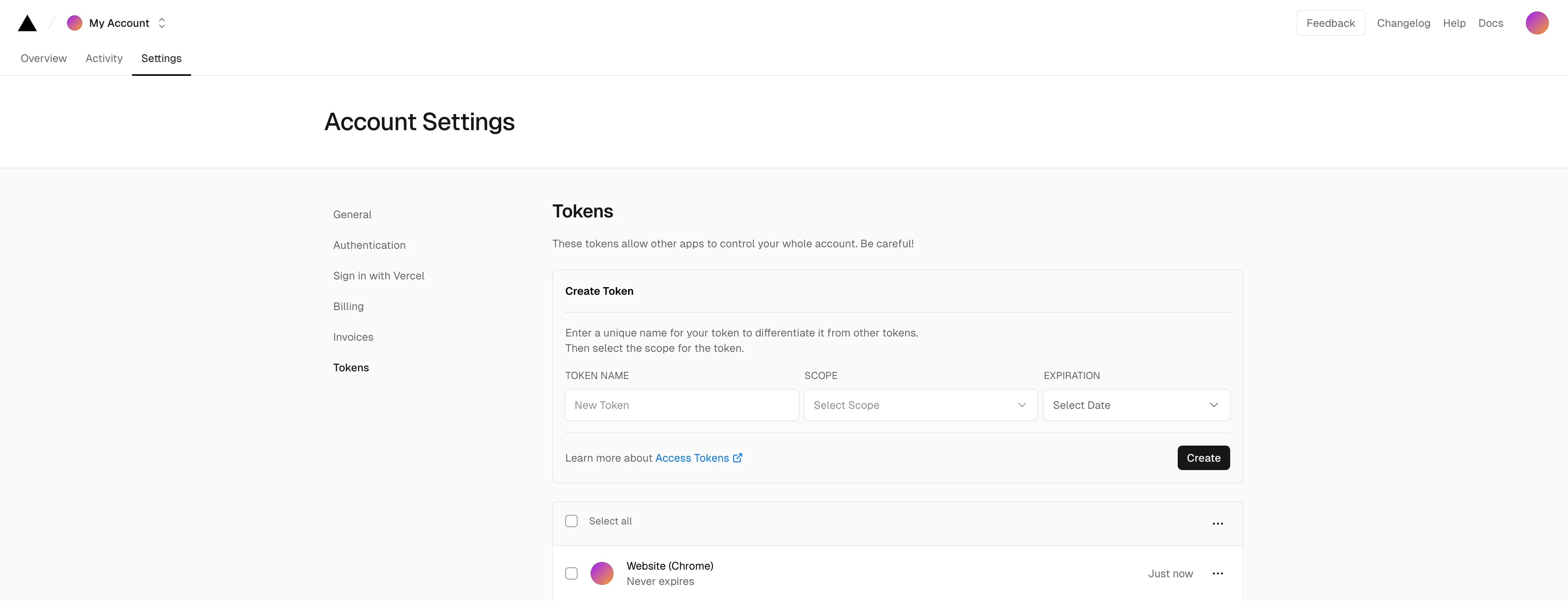 Vercel Settings page showing the Tokens section