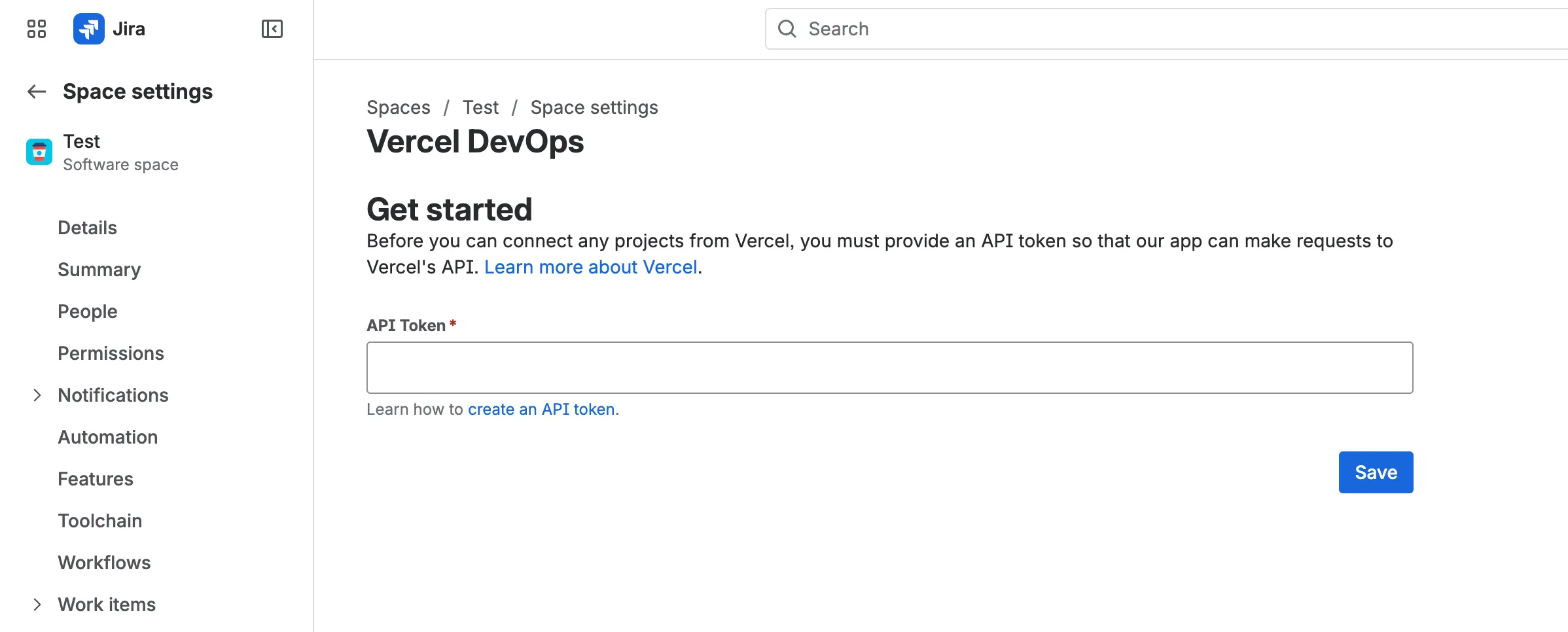 API token input field prompting for a Vercel token