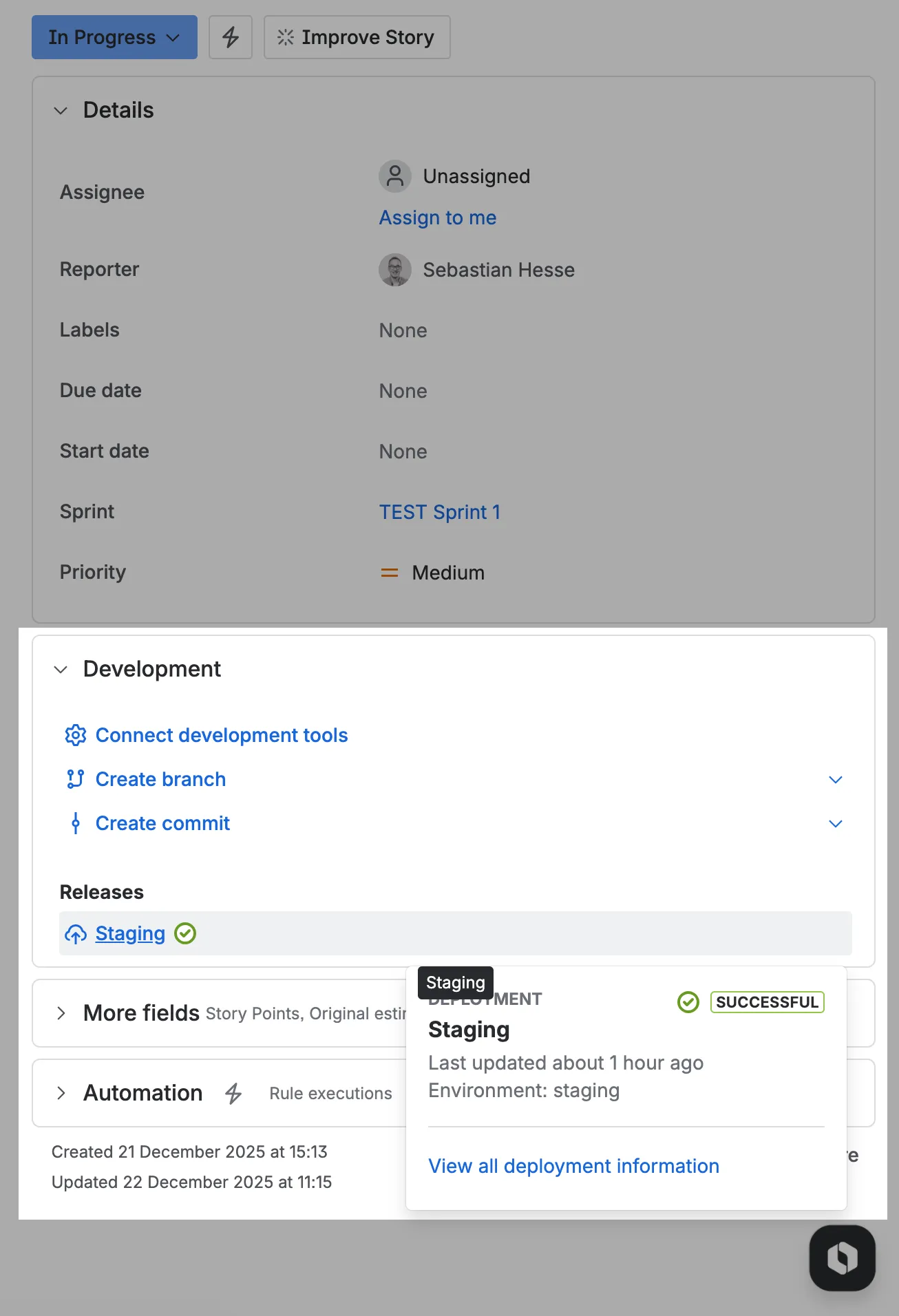 Deployment information displayed in the Jira issue panel