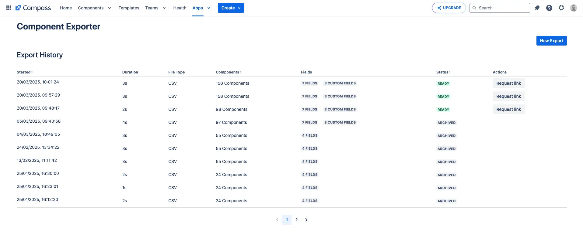 Export history list showing the current export